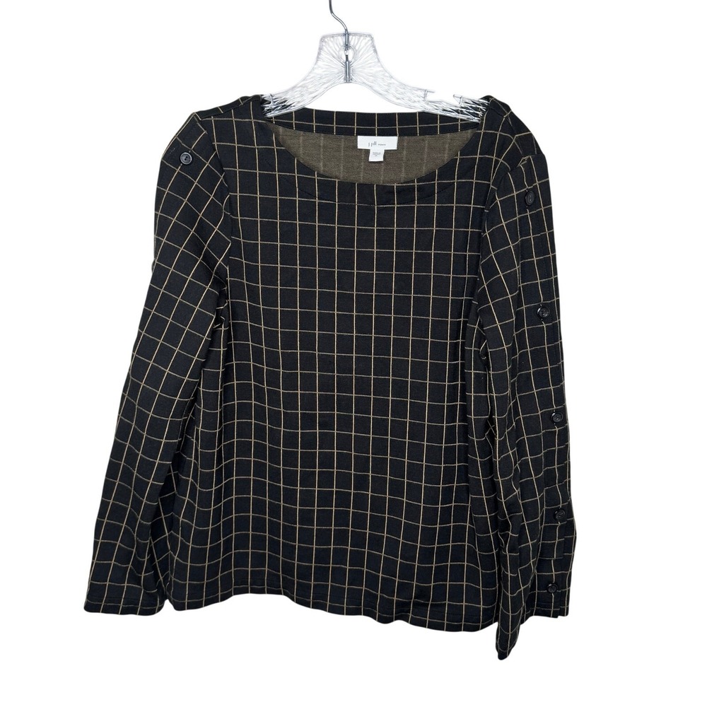 J.Jill Ponte Windowpane Grid Long Sleeve Button Detail Top Black Tan Size M